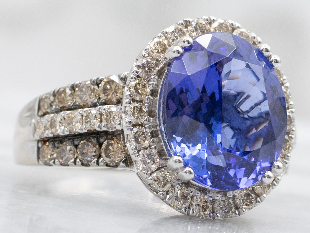 Tanzanite and Champagne Diamond Modern Halo Ring