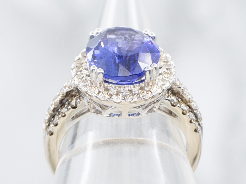 Tanzanite and Champagne Diamond Modern Halo Ring