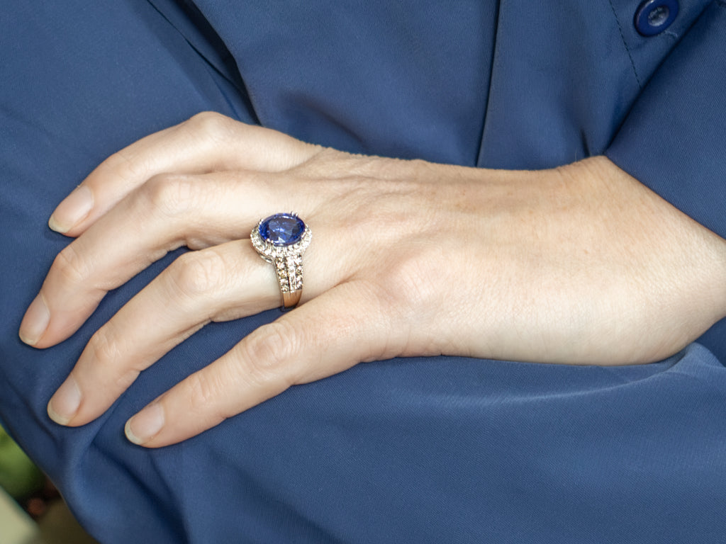 Tanzanite and Champagne Diamond Modern Halo Ring