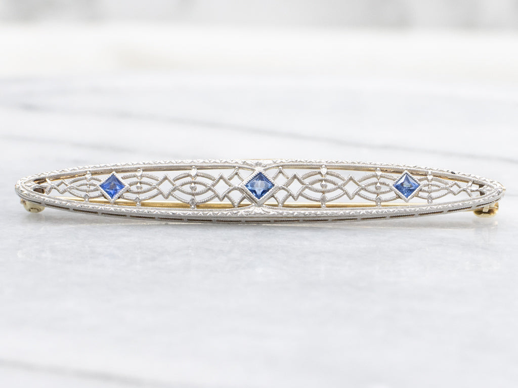 Art Deco Era Triple Sapphire Filigree Bar Pin
