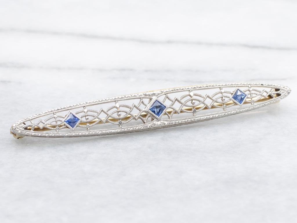 Art Deco Era Triple Sapphire Filigree Bar Pin