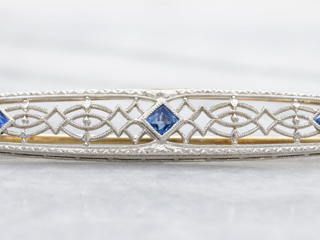 Art Deco Era Triple Sapphire Filigree Bar Pin