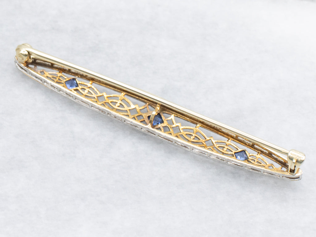 Art Deco Era Triple Sapphire Filigree Bar Pin