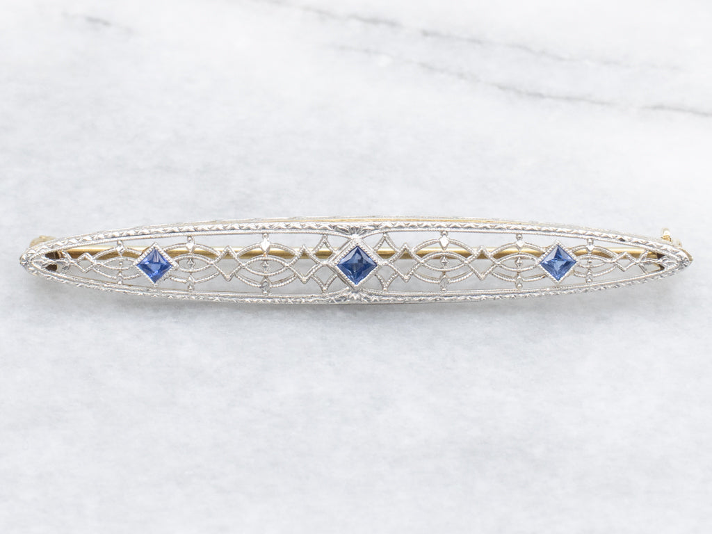 Art Deco Era Triple Sapphire Filigree Bar Pin