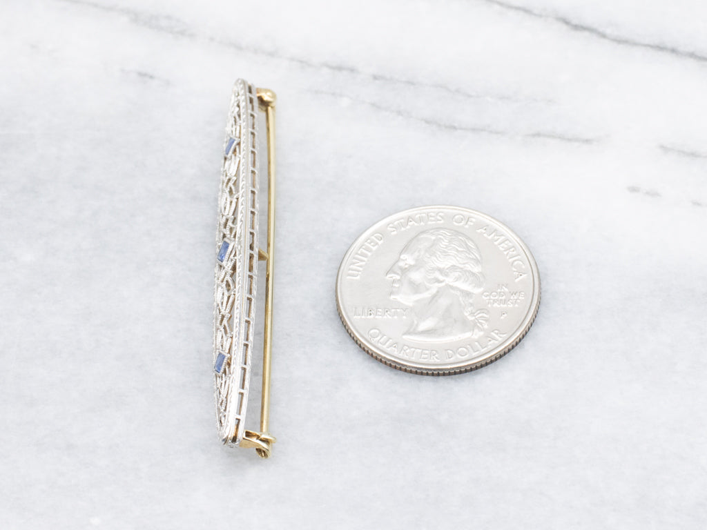 Art Deco Era Triple Sapphire Filigree Bar Pin