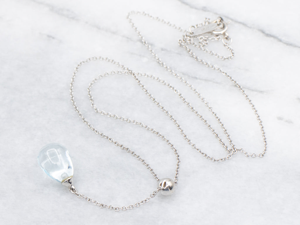 Vintage Tiffany and Co. Teardrop Aquamarine Cabochon Drop Pendant Necklace