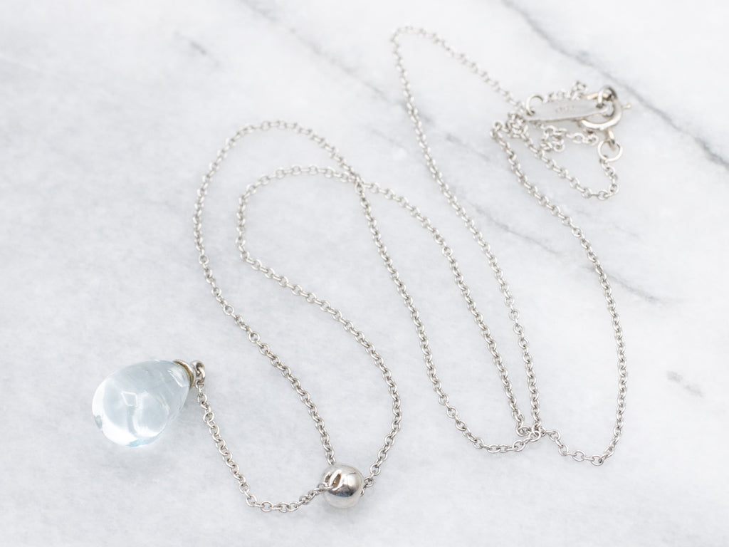 Vintage Tiffany and Co. Teardrop Aquamarine Cabochon Drop Pendant Necklace