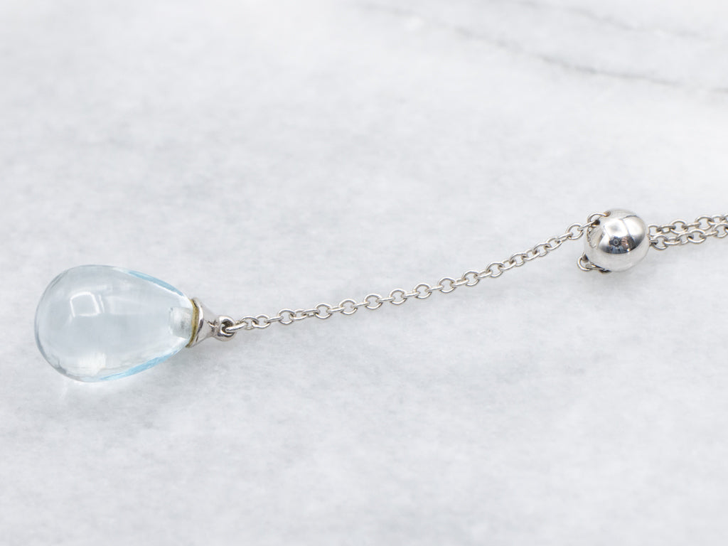 Vintage Tiffany and Co. Teardrop Aquamarine Cabochon Drop Pendant Necklace