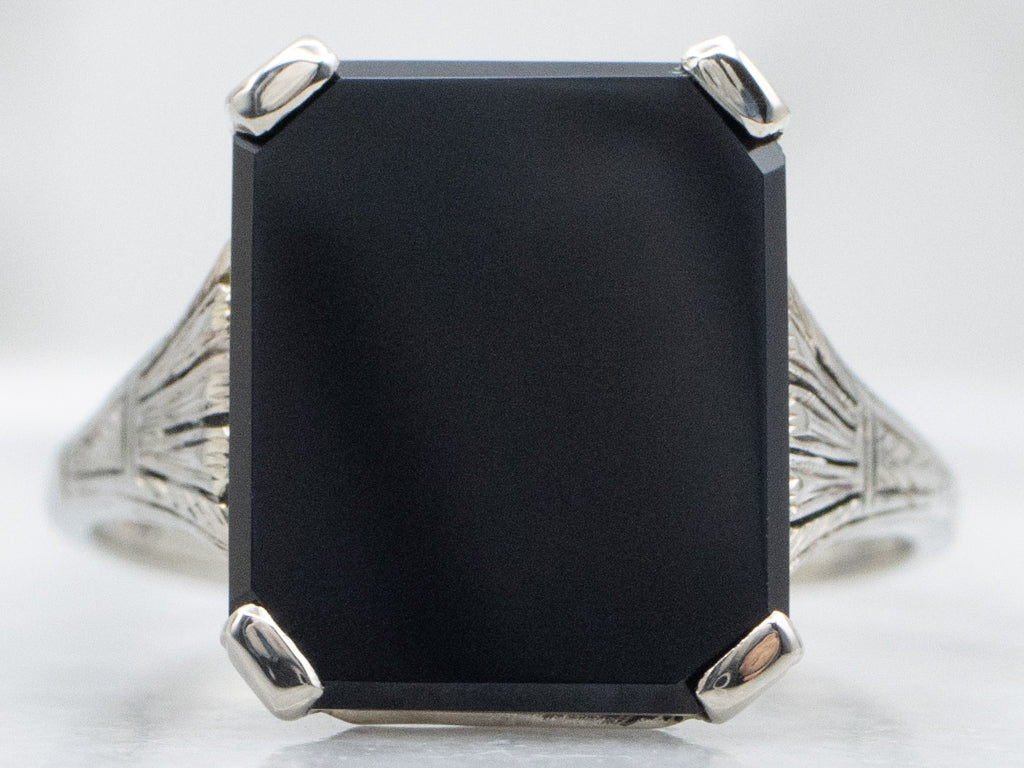 Antique Black Onyx White Gold Solitaire Ring