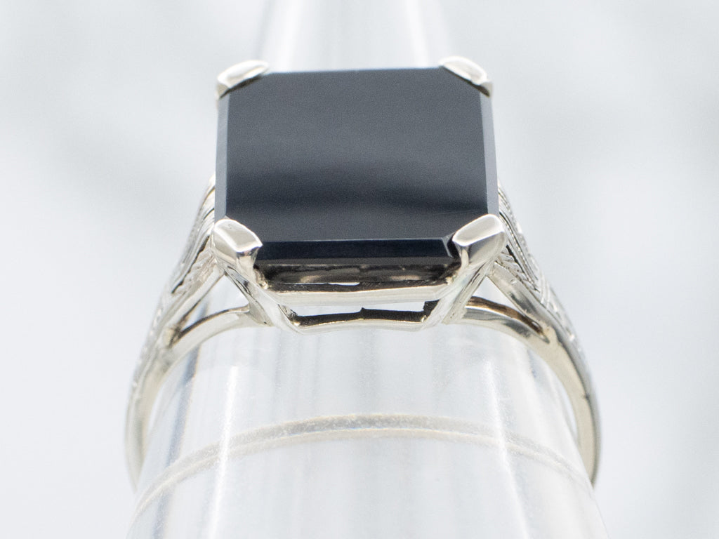 Antique Black Onyx White Gold Solitaire Ring