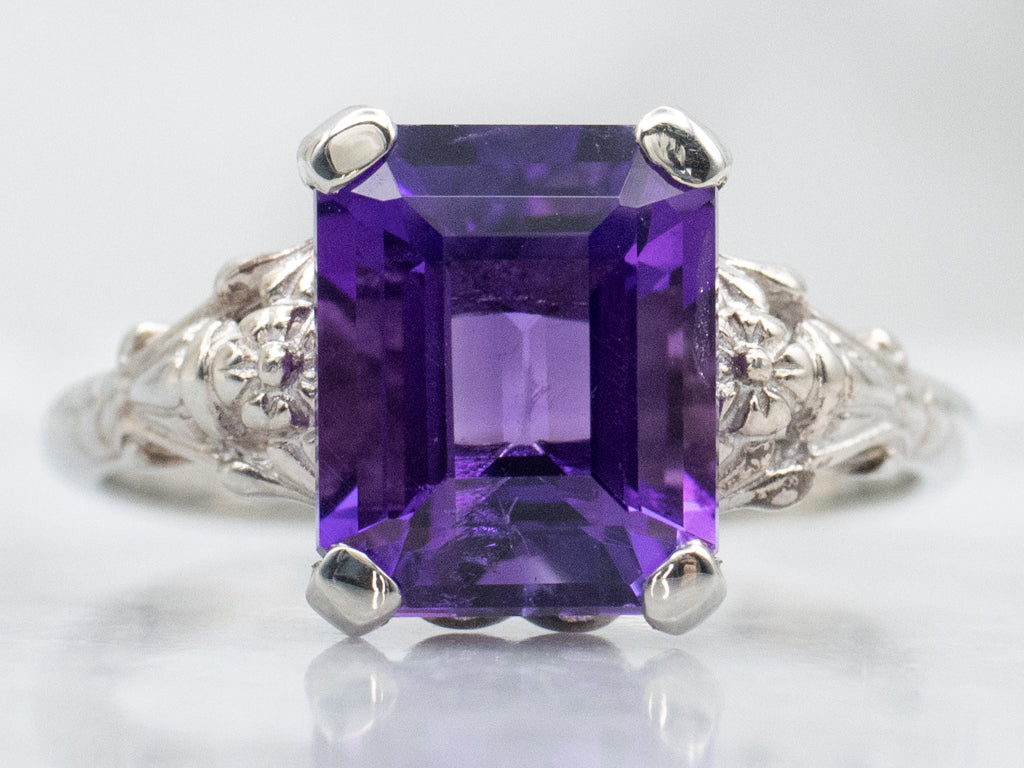 Amethyst Floral White Gold Solitaire Ring