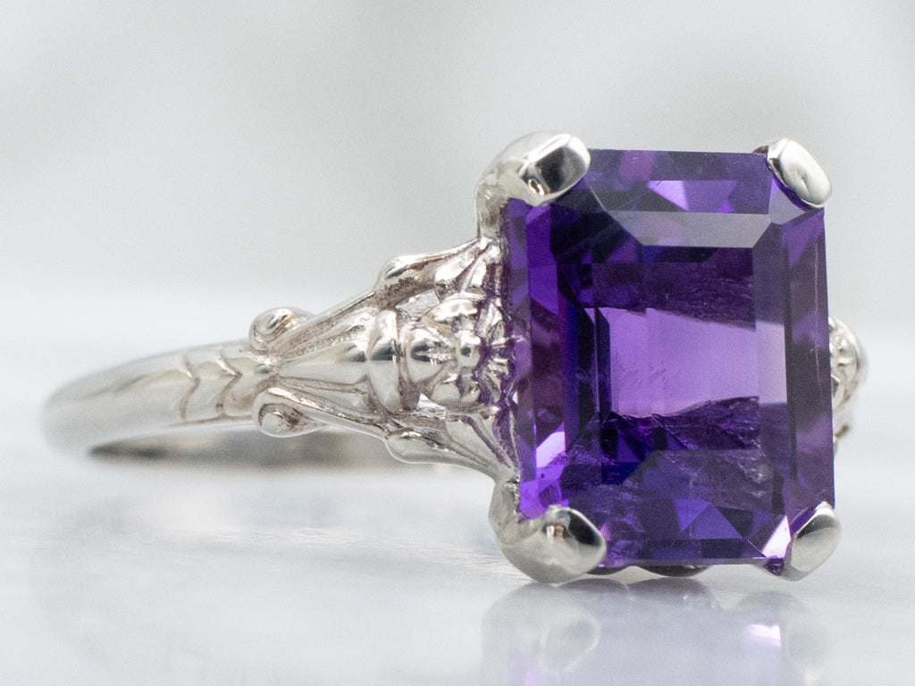 Amethyst Floral White Gold Solitaire Ring