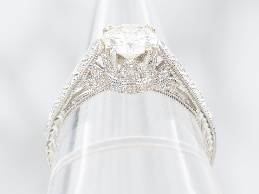 White Gold Round Brilliant Diamond Engagement Ring with Diamond Accents