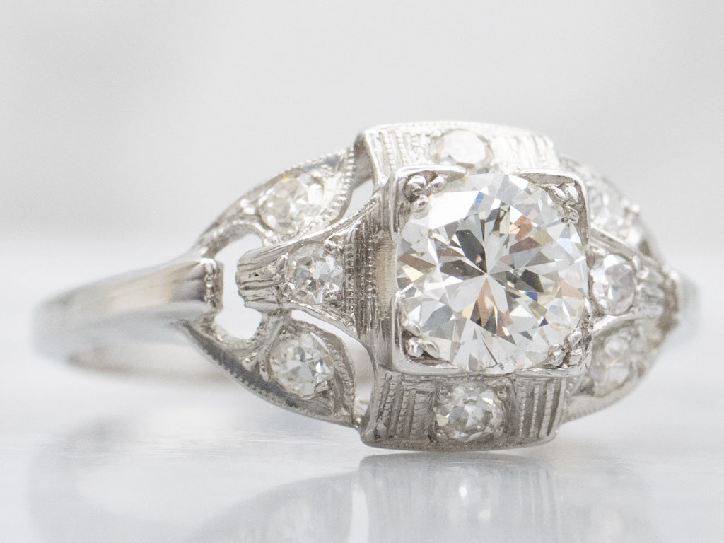 Platinum Old European Cut Diamond Late Art Deco Engagement Ring