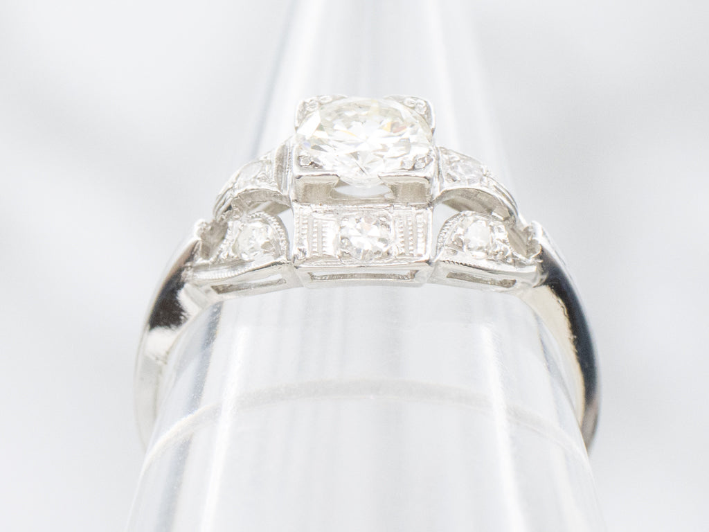 Platinum Old European Cut Diamond Late Art Deco Engagement Ring