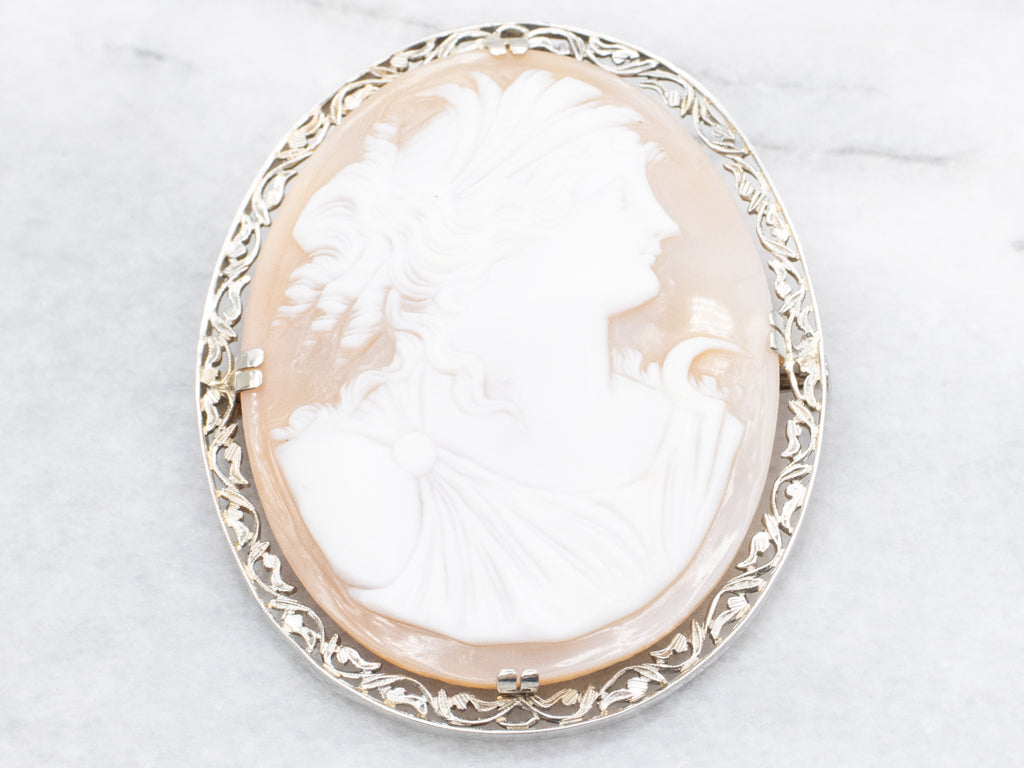Antique Diana the Huntress Cameo Brooch with Botanical Frame