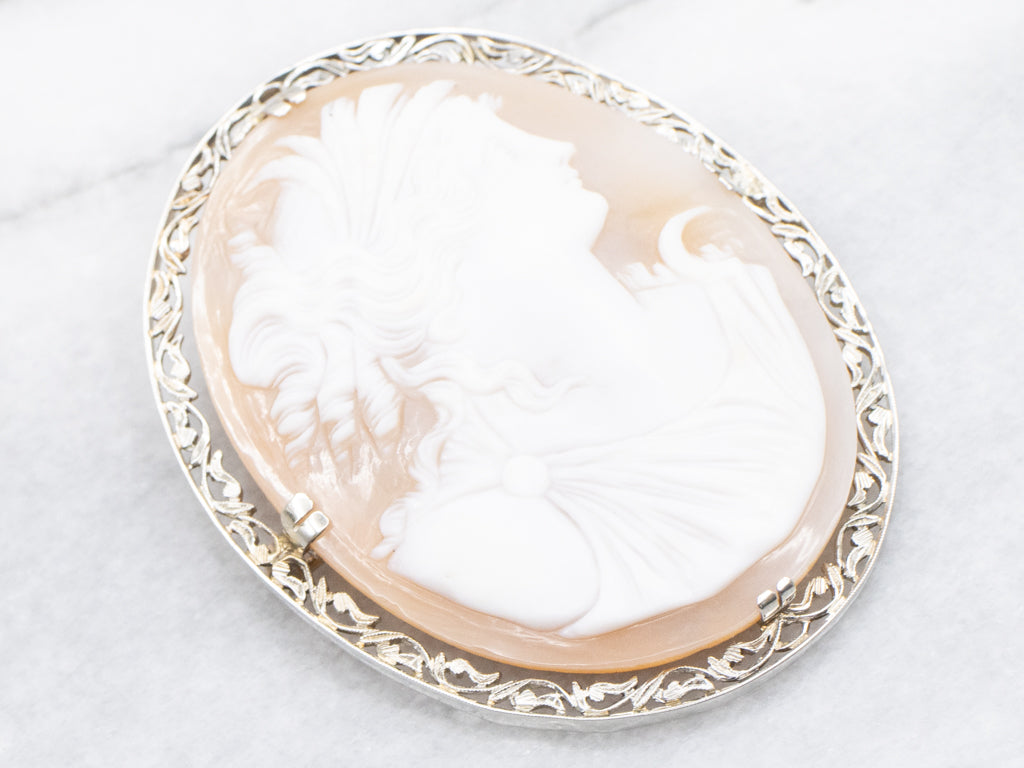 Antique Diana the Huntress Cameo Brooch with Botanical Frame