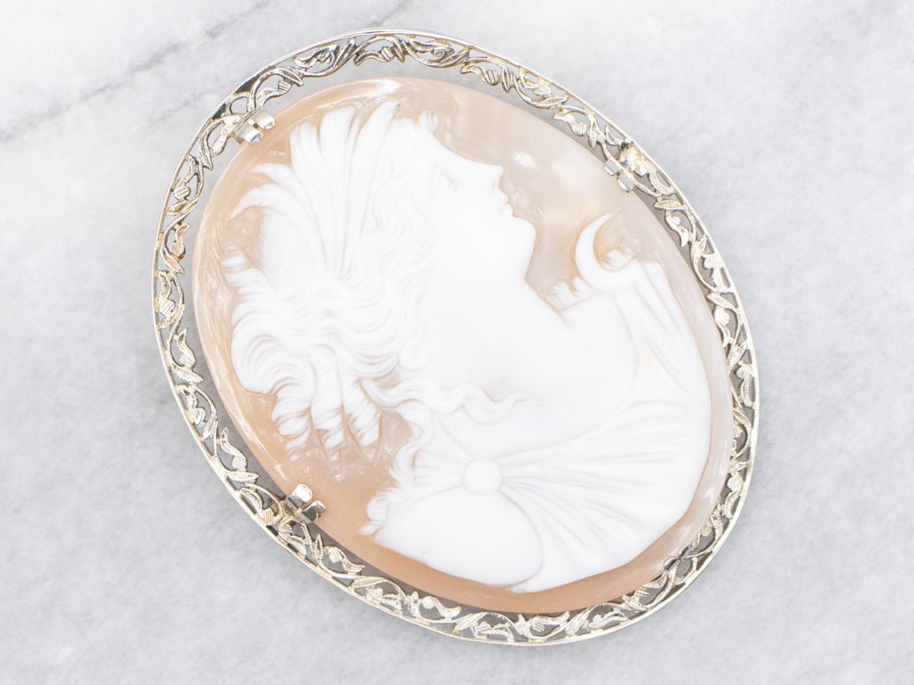 Antique Diana the Huntress Cameo Brooch with Botanical Frame