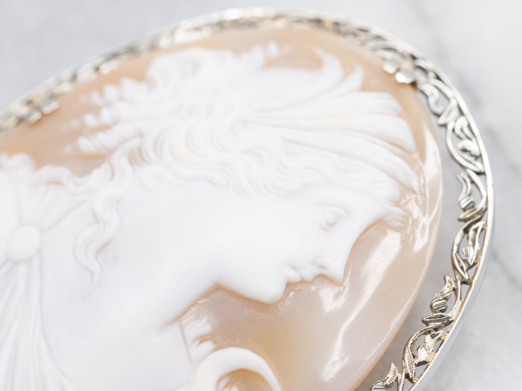 Antique Diana the Huntress Cameo Brooch with Botanical Frame