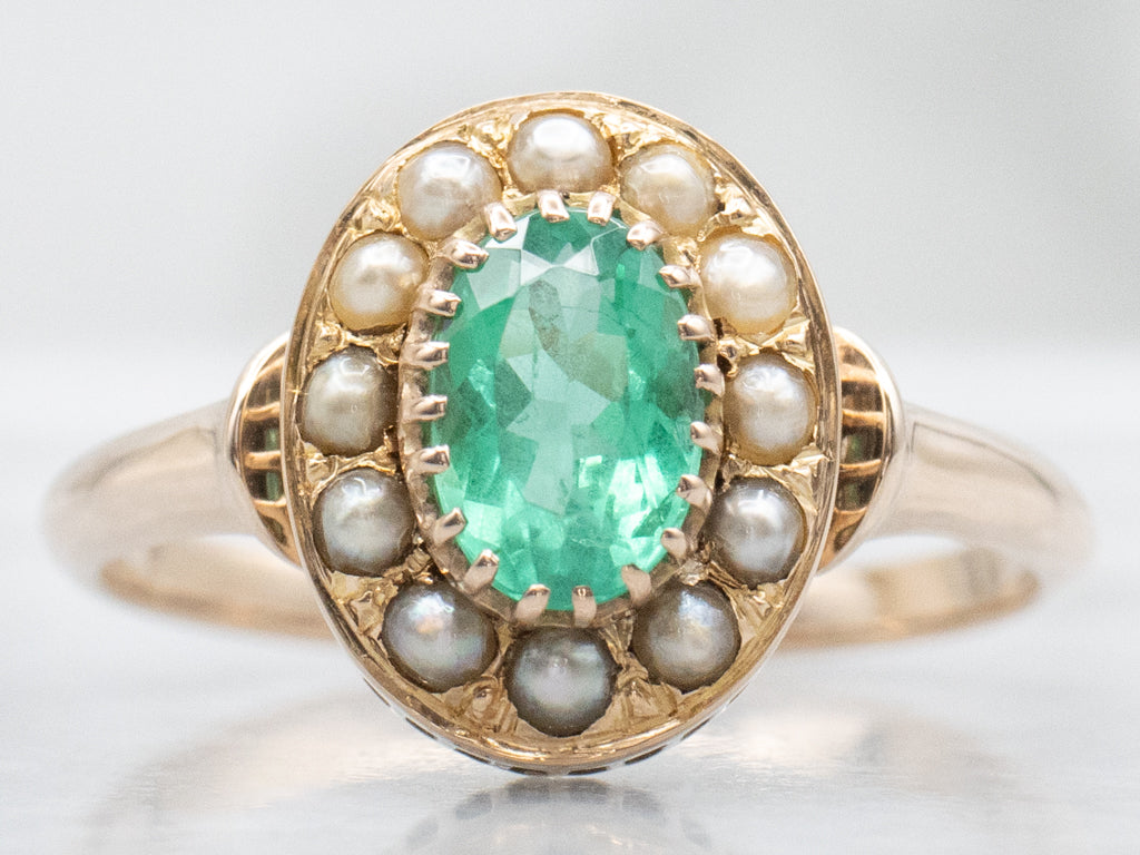 Antique Emerald and Seed Pearl Halo Gold Ring