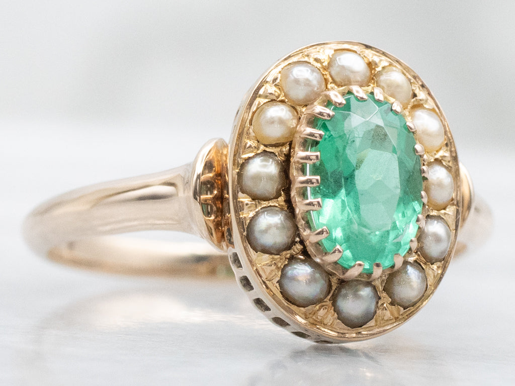 Antique Emerald and Seed Pearl Halo Gold Ring