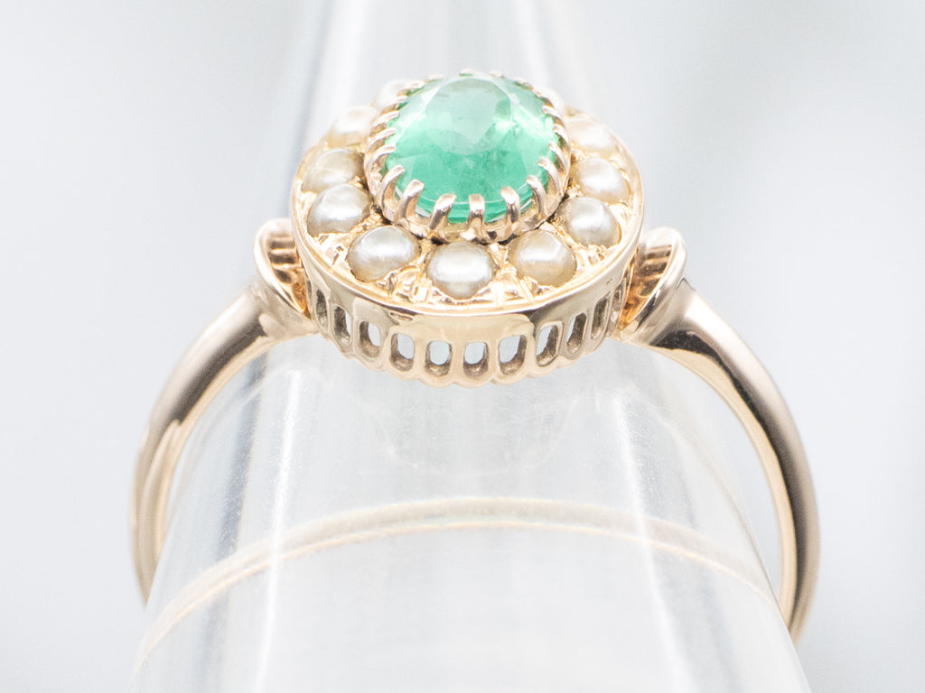 Antique Emerald and Seed Pearl Halo Gold Ring
