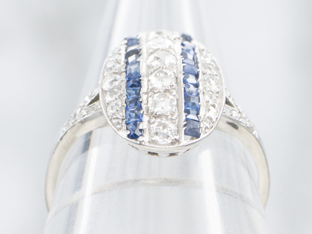 Vintage Platinum Old Mine Cut Diamond and Sapphire Dinner Ring