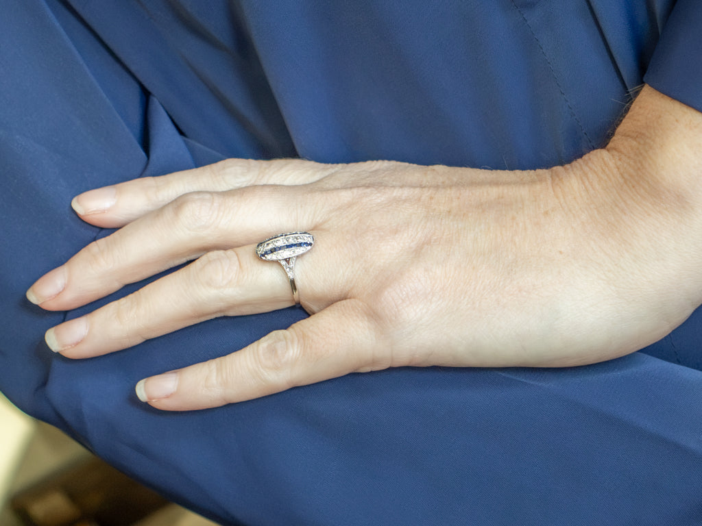 Vintage Platinum Old Mine Cut Diamond and Sapphire Dinner Ring