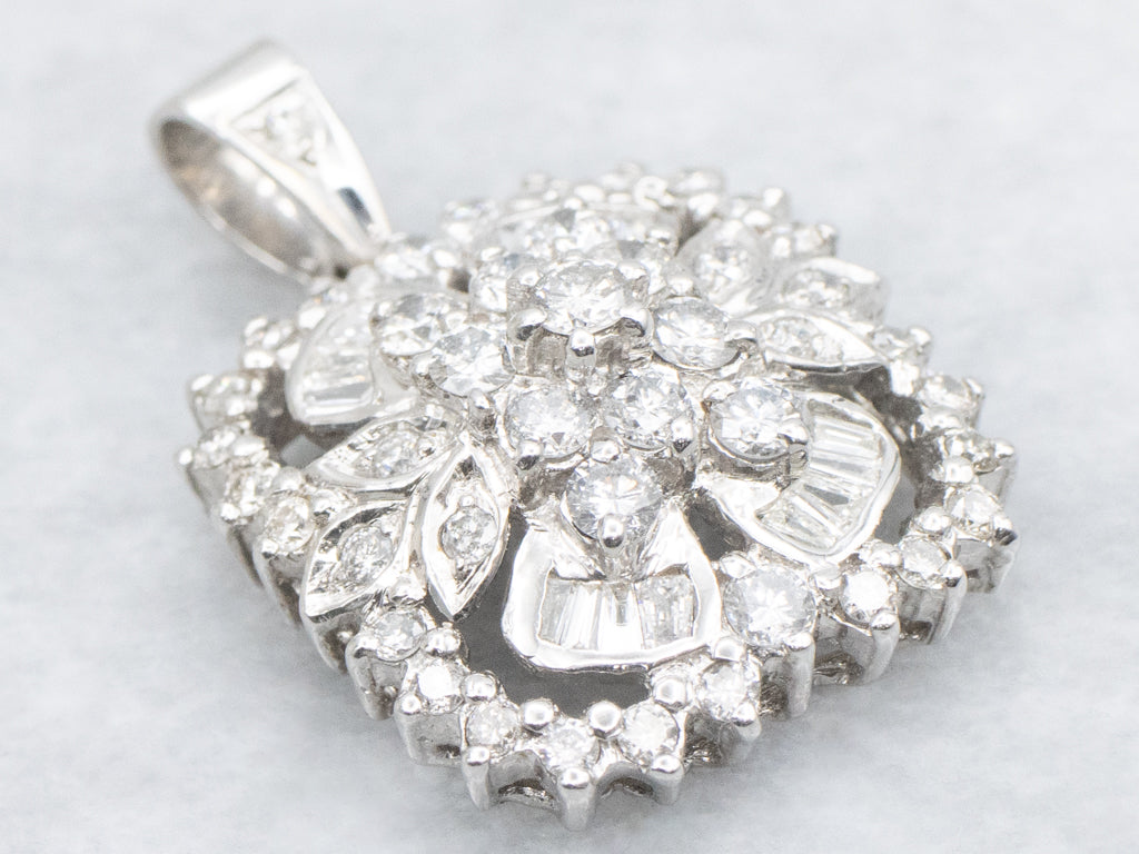 White Gold Mix-Cut Diamond Floral Diamond Cluster Pendant