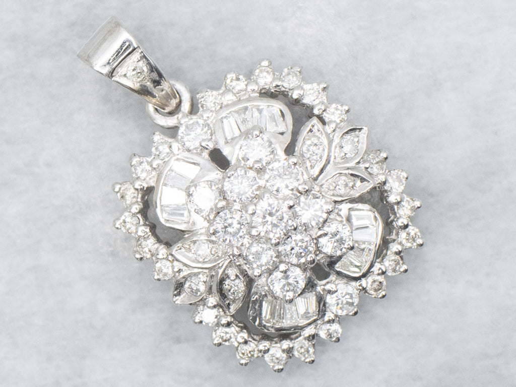 White Gold Mix-Cut Diamond Floral Diamond Cluster Pendant