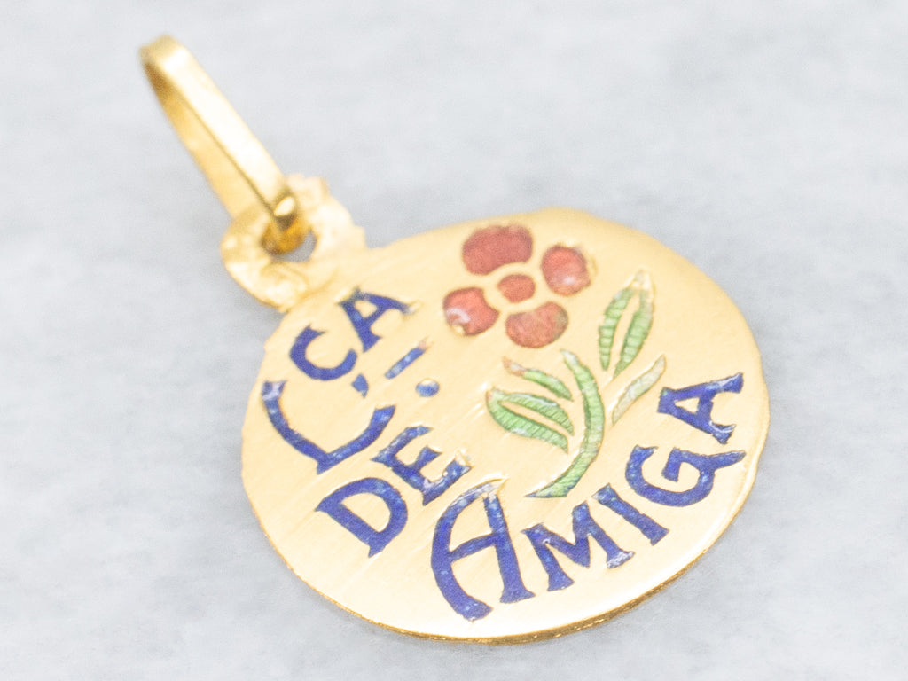Portuguese Enamel and Gold "Ca De Amiga" Gold Disc Pendant