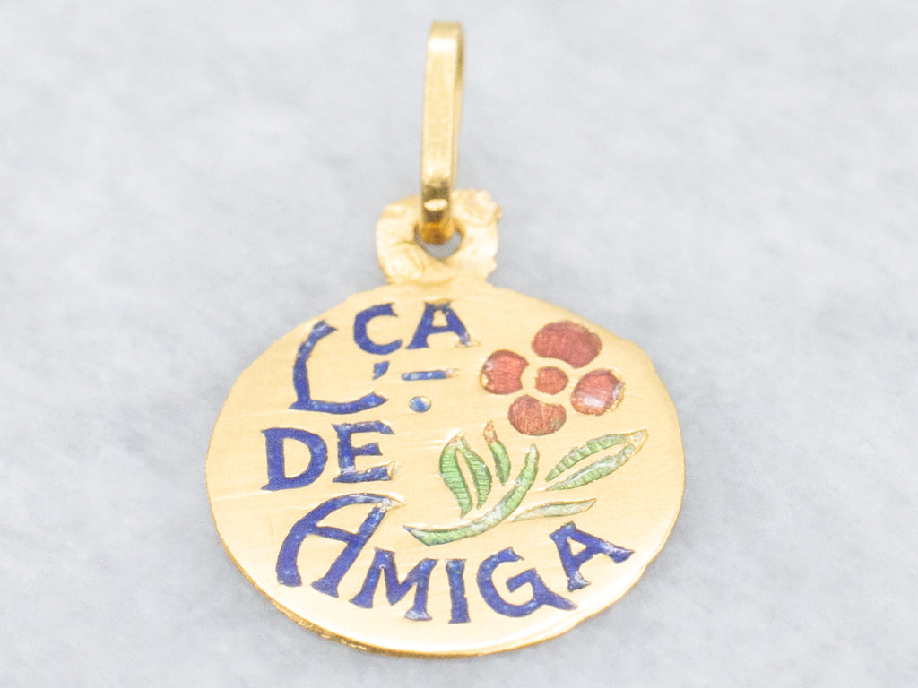 Portuguese Enamel and Gold "Ca De Amiga" Gold Disc Pendant