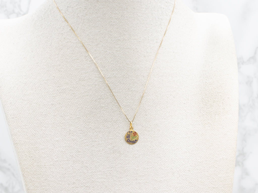 Portuguese Enamel and Gold "Ca De Amiga" Gold Disc Pendant