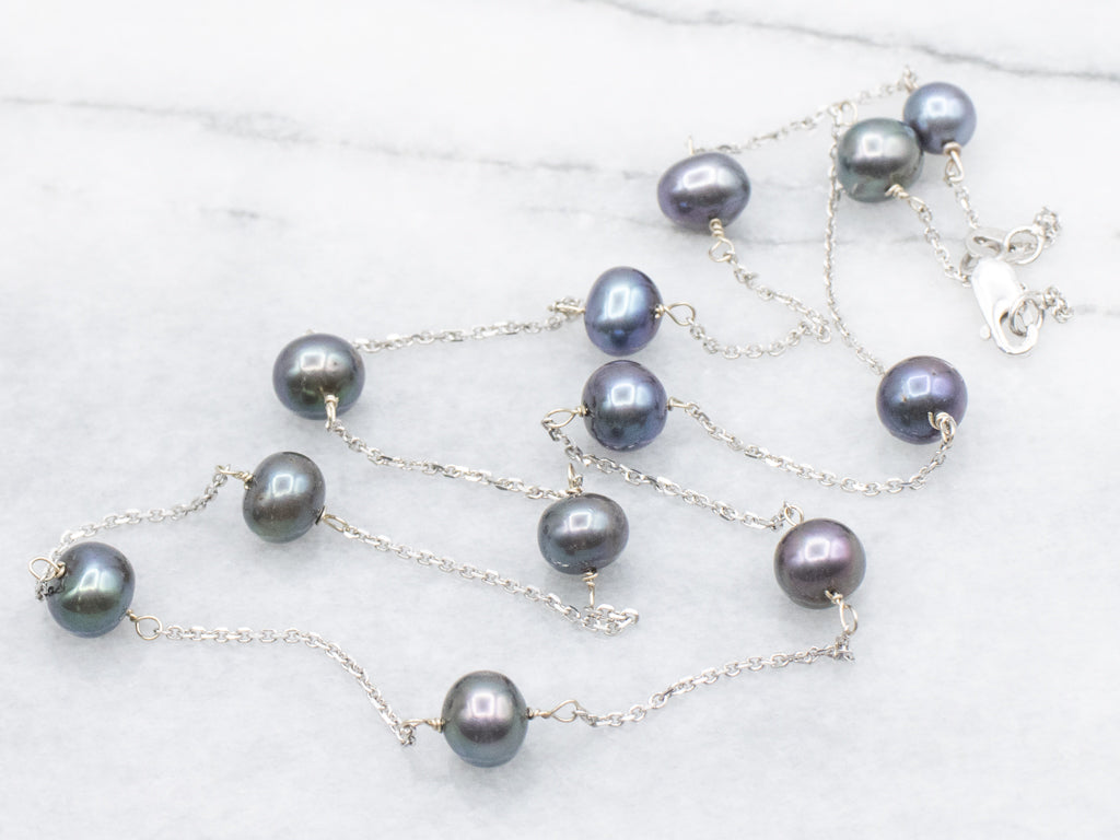 White Gold Grey Pearl Station-Link Cable Chain Necklace