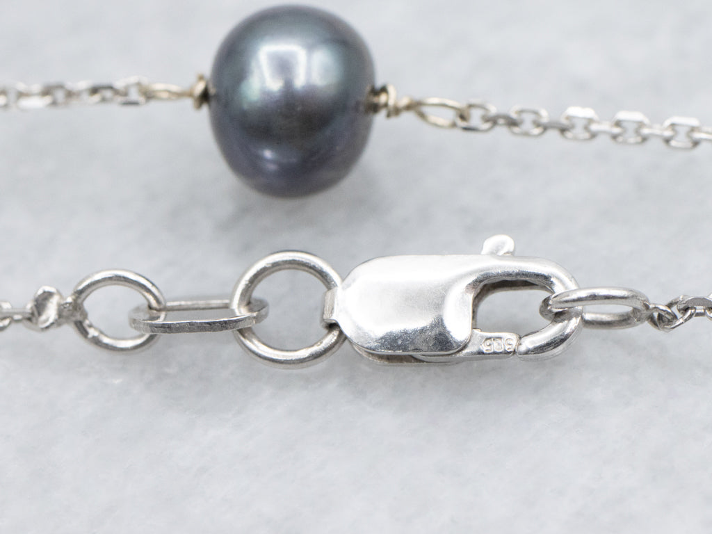 White Gold Grey Pearl Station-Link Cable Chain Necklace