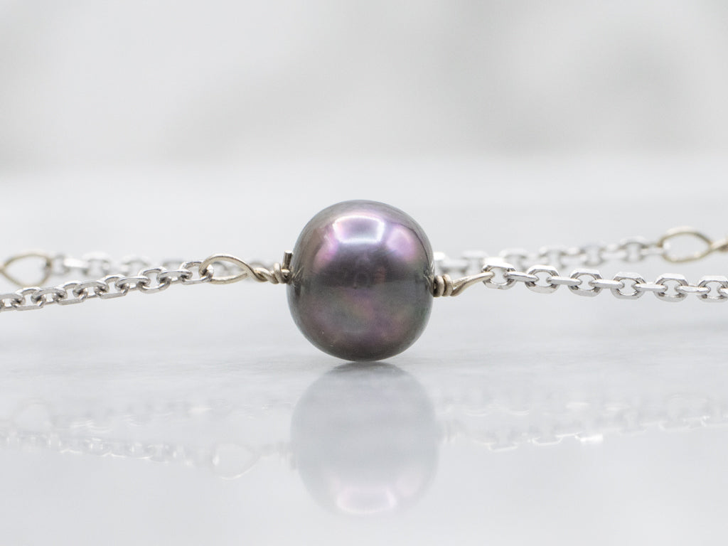 White Gold Grey Pearl Station-Link Cable Chain Necklace
