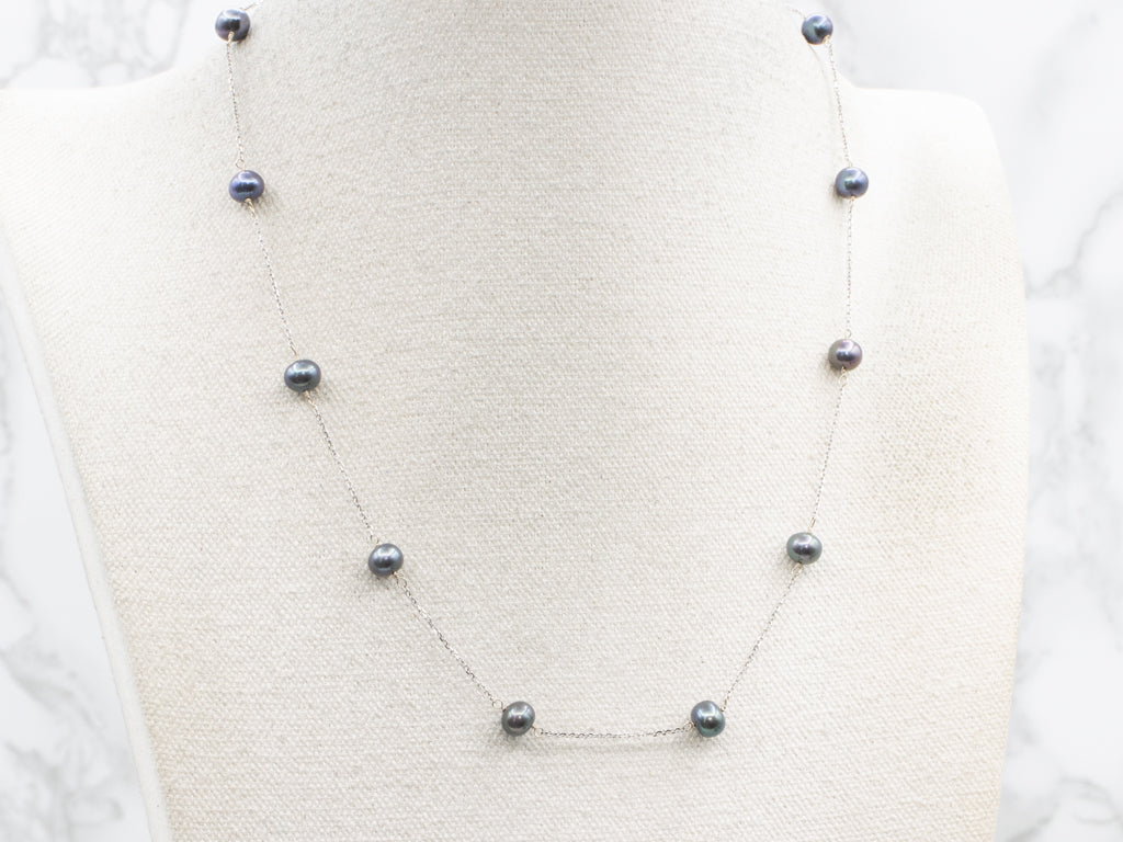 White Gold Grey Pearl Station-Link Cable Chain Necklace