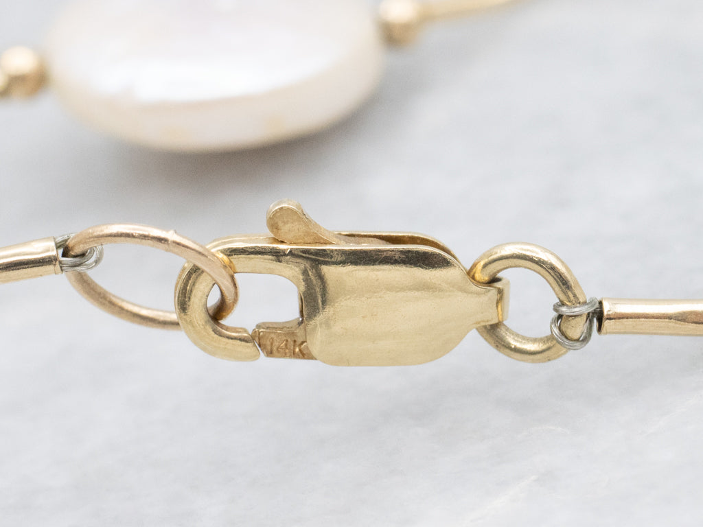 Coin Pearl Station Curved Bar-Link Gold Necklace
