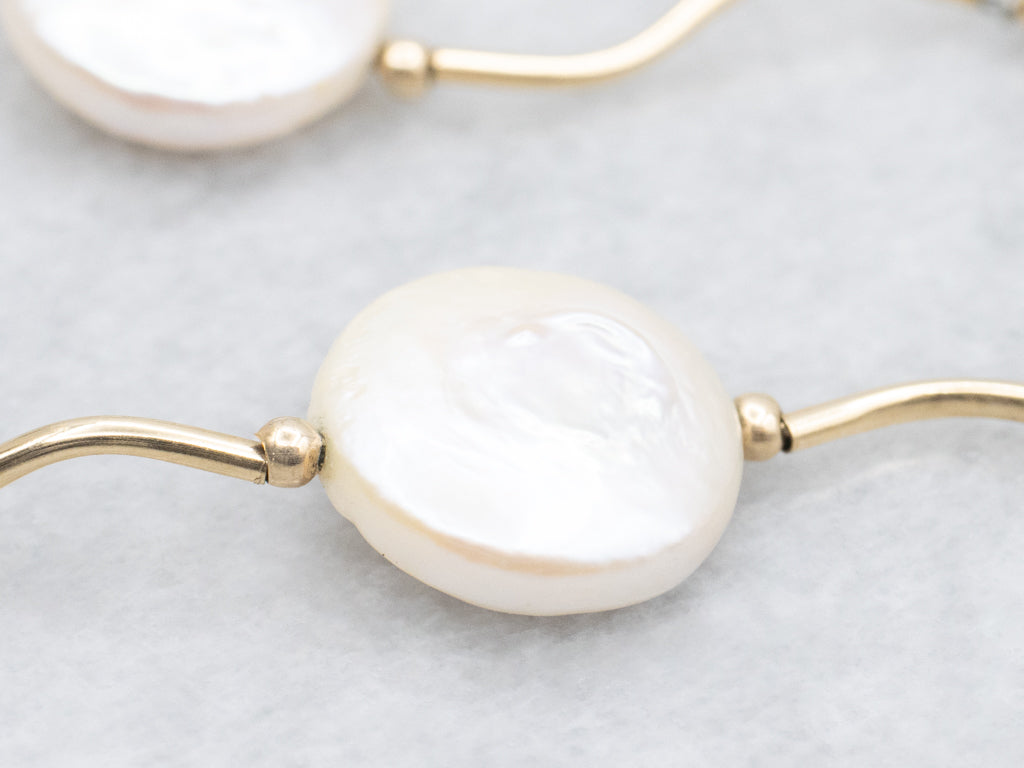 Coin Pearl Station Curved Bar-Link Gold Necklace