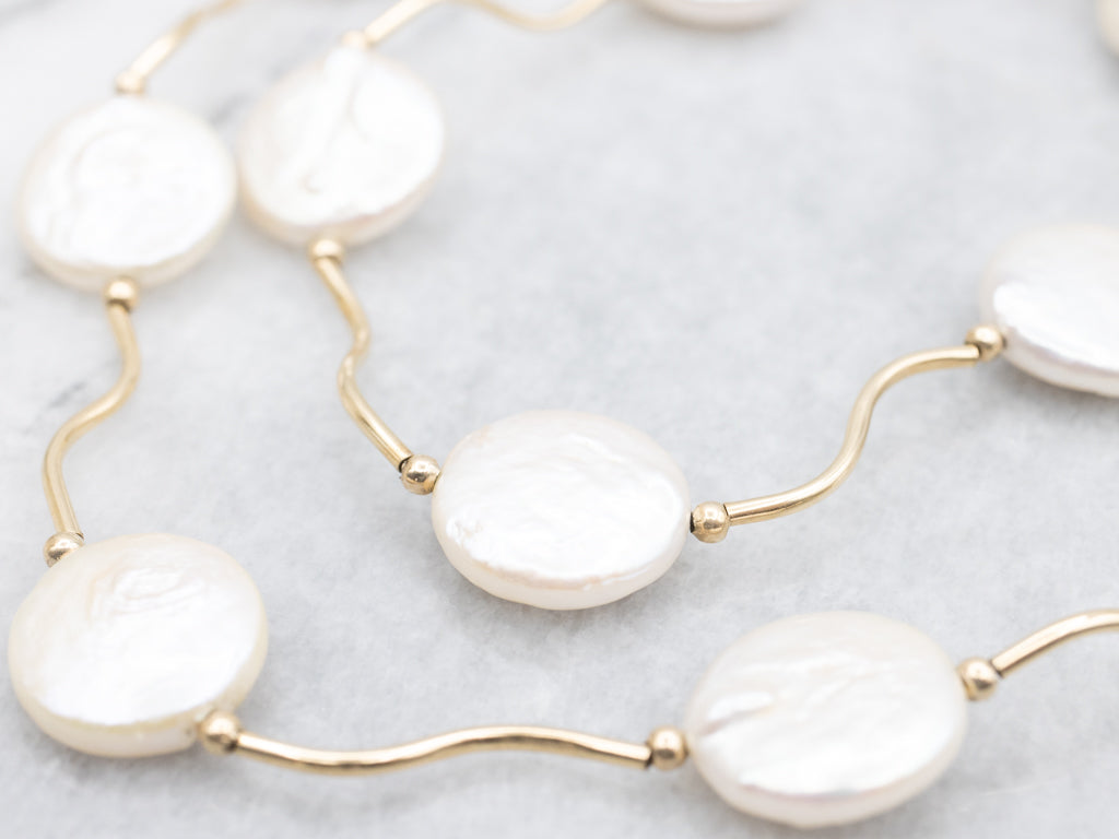 Coin Pearl Station Curved Bar-Link Gold Necklace