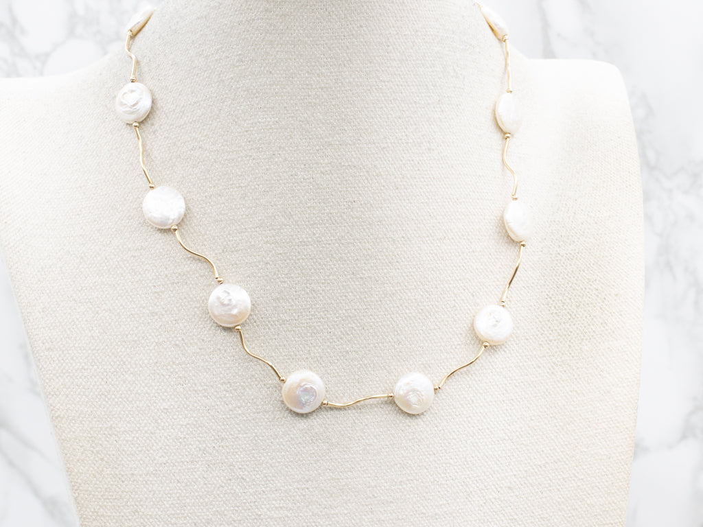 Coin Pearl Station Curved Bar-Link Gold Necklace