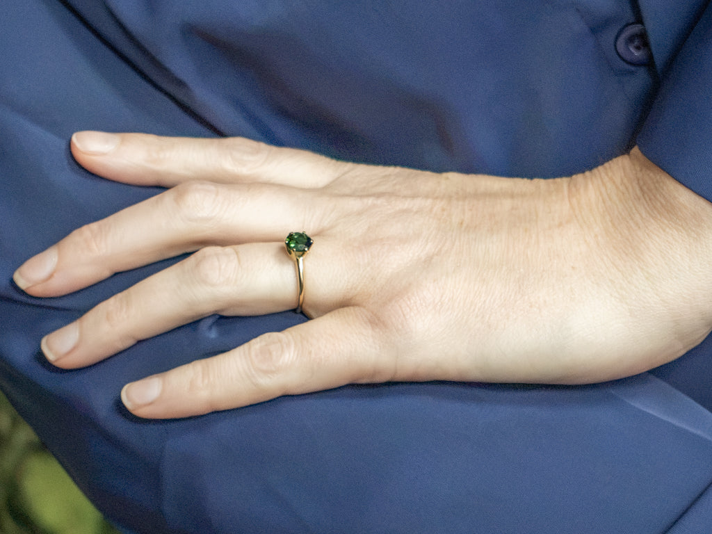 Green Tourmaline Six-Prong Gold Solitaire Ring