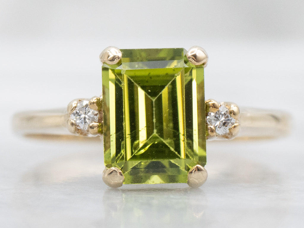 Emerald-Cut Peridot and Diamond Three Stone Ring