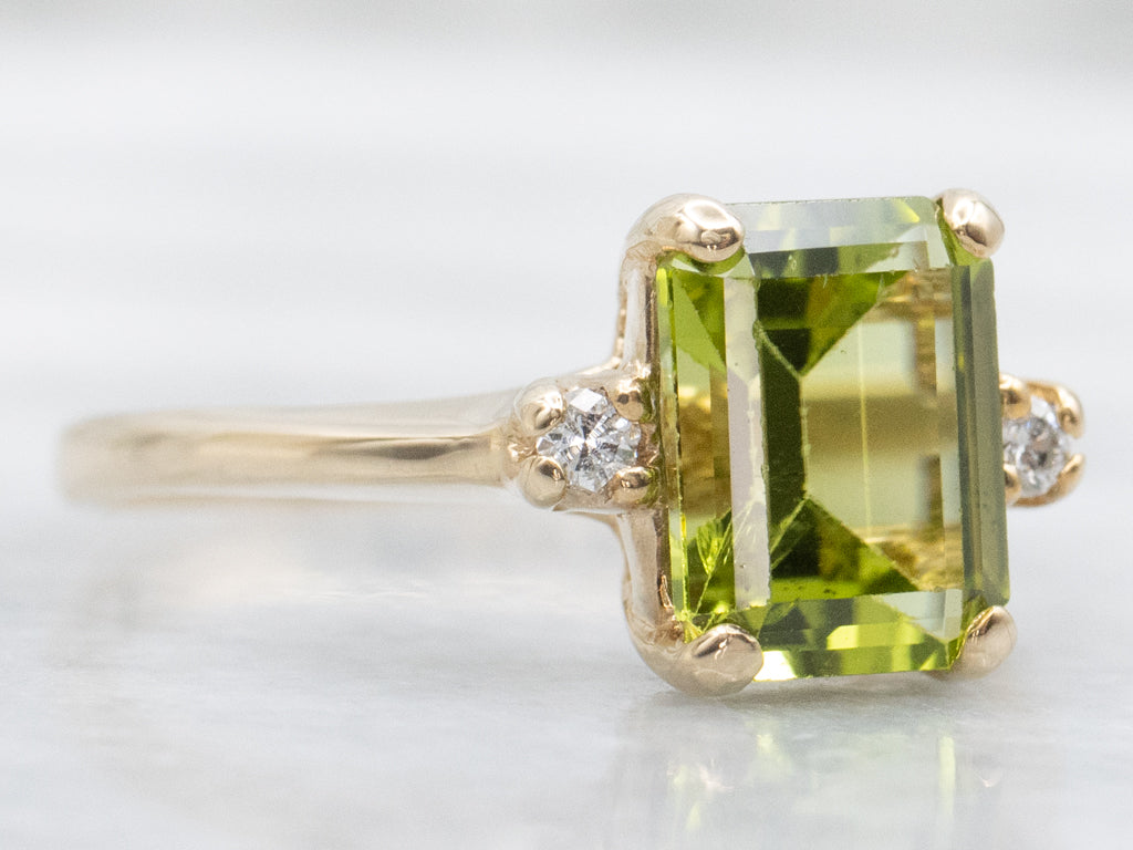 Emerald-Cut Peridot and Diamond Three Stone Ring