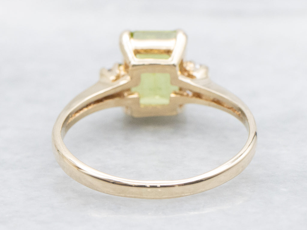 Emerald-Cut Peridot and Diamond Three Stone Ring