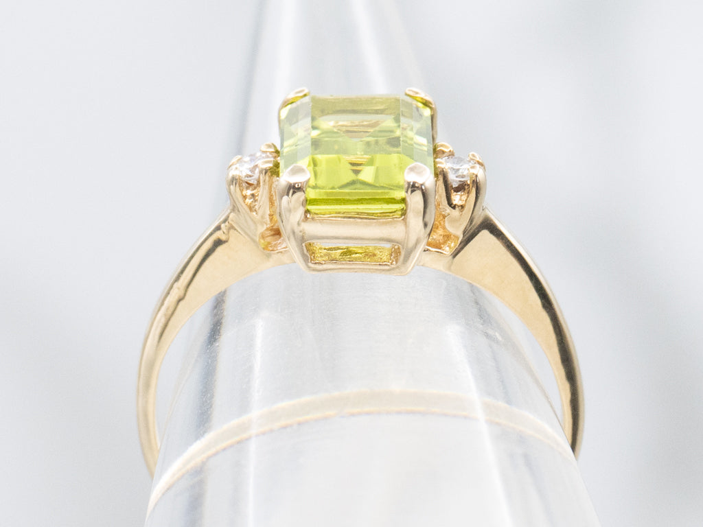 Emerald-Cut Peridot and Diamond Three Stone Ring