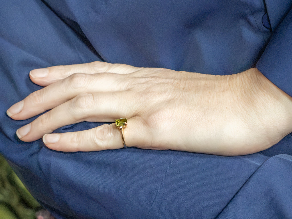 Emerald-Cut Peridot and Diamond Three Stone Ring
