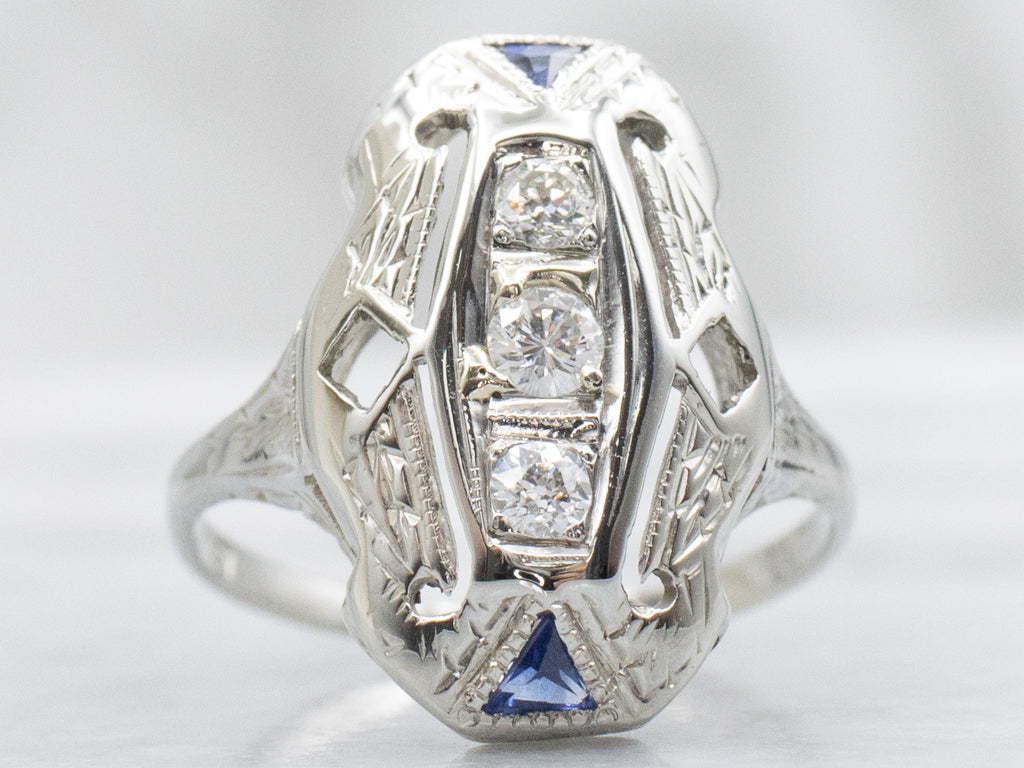 Art Deco Old Mine Cut Diamond and Synthetic Sapphire Dinner Ring
