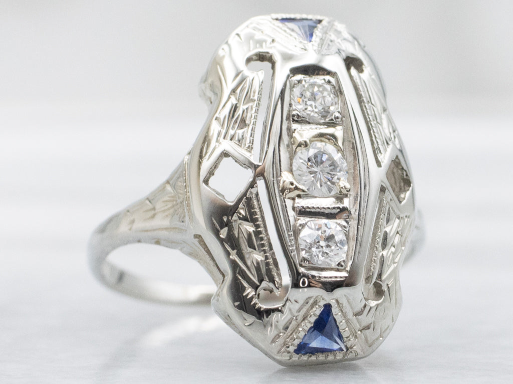 Art Deco Old Mine Cut Diamond and Synthetic Sapphire Dinner Ring