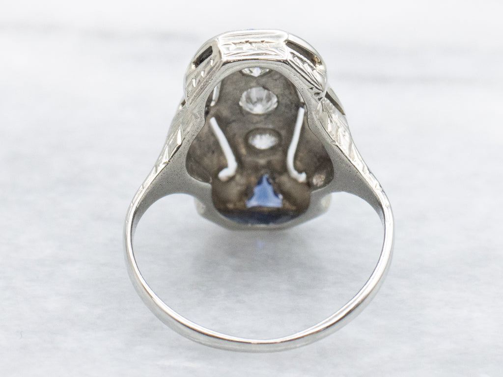 Art Deco Old Mine Cut Diamond and Synthetic Sapphire Dinner Ring